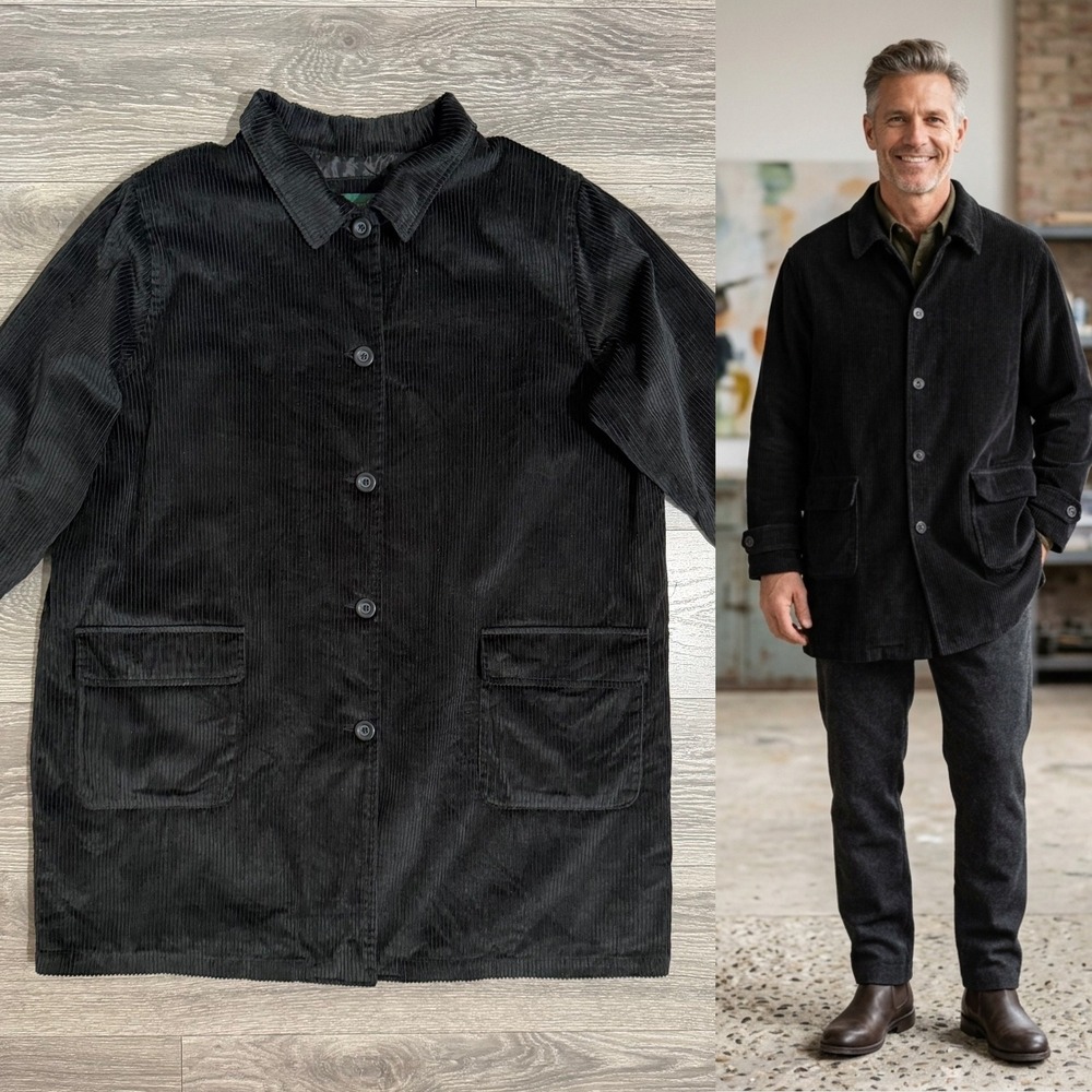Vintage 1990s Hunters Run 1X Mens Black Corduroy Chore Coat Ramie Cotton Barn